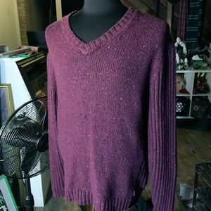 Woolrich mens L berry purple v neck chunky knit cozy warm winter sweater